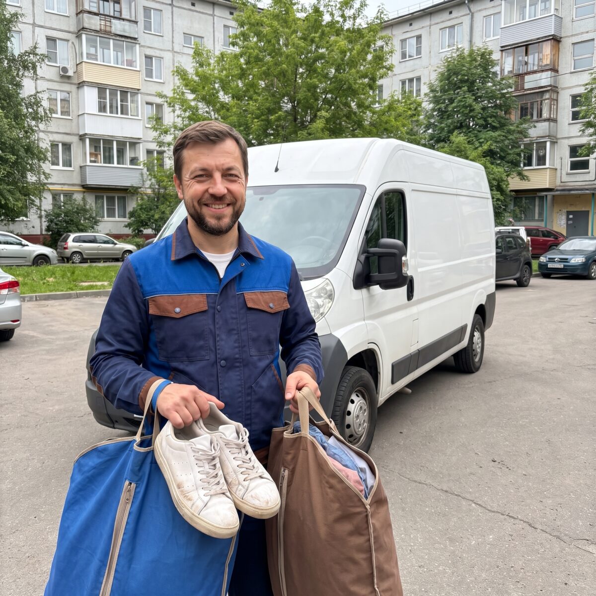 Курьер с белыми кроссовками возле автомобиля