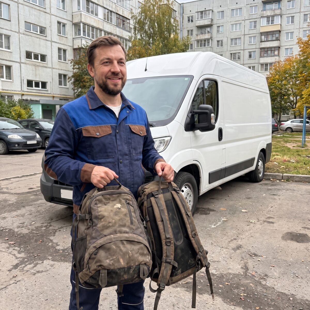 Курьер с туристическим рюкзаком возле автомобиля